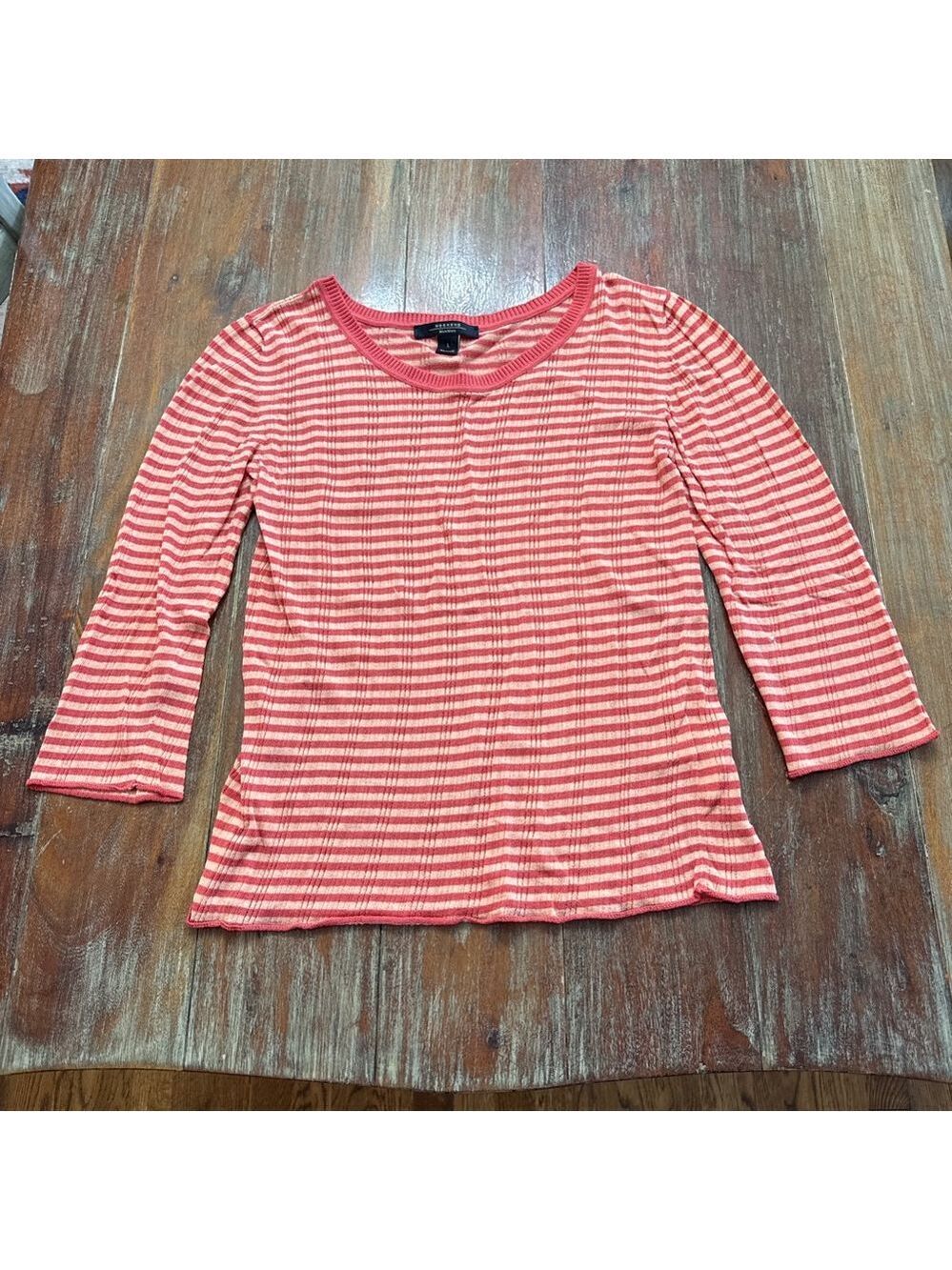 Weekend Max Mara Coral & Tan Striped 3/4 Sleeve Knit Top Lightweight - Size L